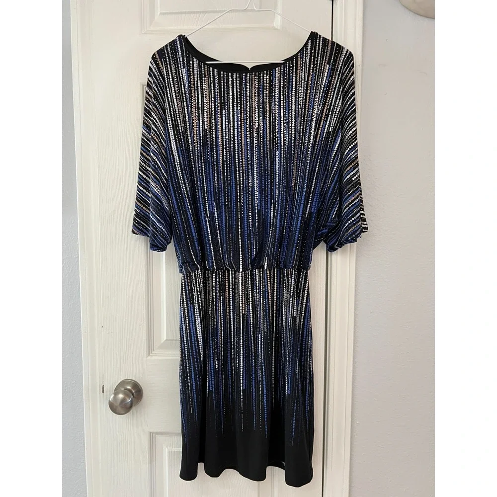 WHBM Blouson Mini Dress Women's Medium Black Blue Sequin Stripe Cocktail Party